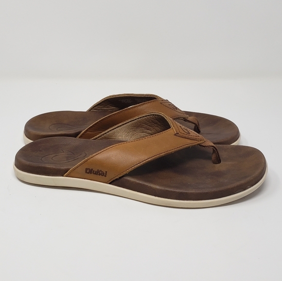Olukai Sandals Men’s 8 Nalukai Brown Tan Leather Flip Flops - Picture 3 of 9